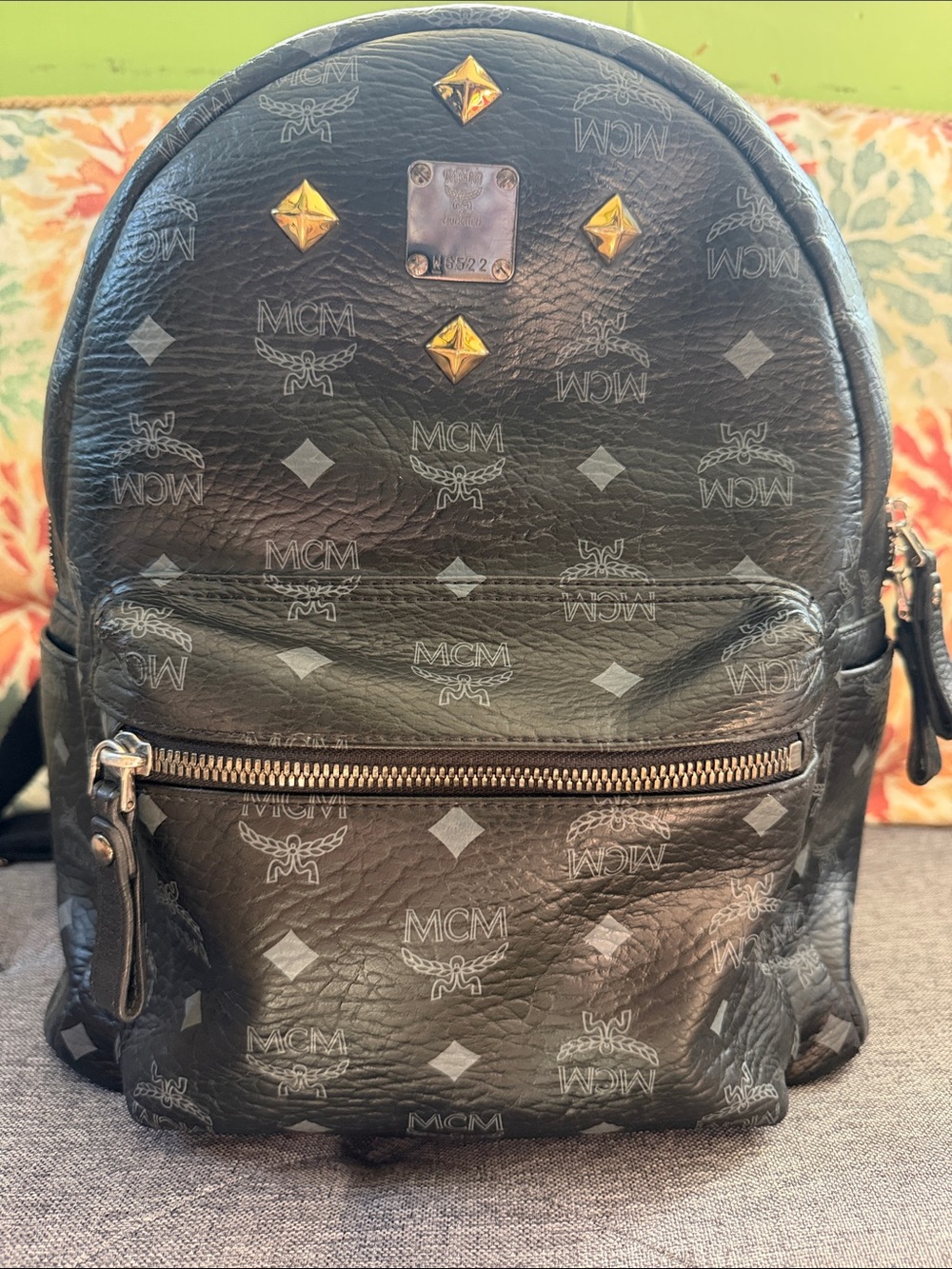 MCM Black Logo Studded Leather Backpack